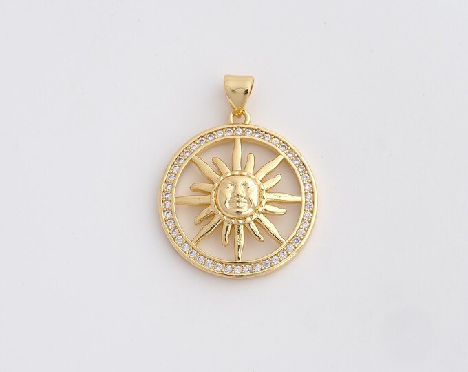 18K Gold Filled Sun Charm, Micropavé CZ Celestial Pendant,Sunburst Necklace Charm, DIY Jewelry Supplies, 29.8x22.5x4.5mm