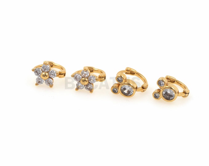 1 Pair, 18K Gold Filled Flower Earrings, Micropavé CZ Mouse Head Earrings, Flower Charm, Rhinestone Earrings, Mouse Charm