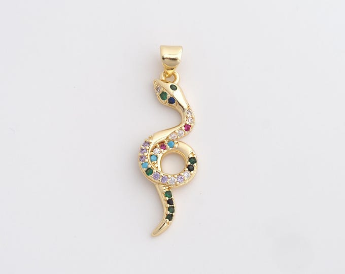 18K Gold Filled Snake Charm, Micropavé CZ Animal Pendant,Snake Necklace Charm, DIY Jewelry Supplies, 35.2x10.6x3mm