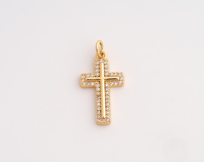 18K Gold Filled Cross Charm, Micropavé CZ Religious Pendant,Christian Necklace Charm, DIY Jewelry Supplies, 24.5x12.4x2.4mm