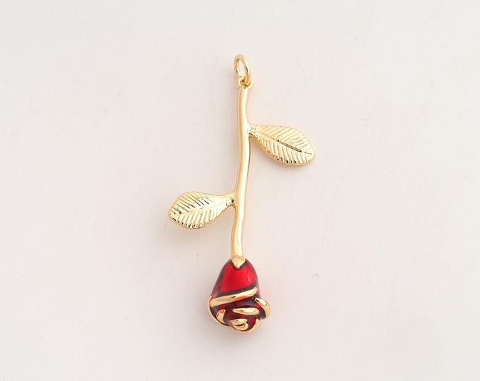 18K Gold Filled Rose Flower Charm,Dainty Enamel Flower Pendant,Red Rose Pendant ,DIY Jewelry Supplies,44.3x21.7x9mm