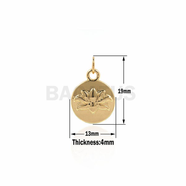 Gold Plated Lotus Flower Charms,Lotus coin Charm,Flower Round Disc,Circle Medallion Coin Charm 13x19x4mm 1PCS