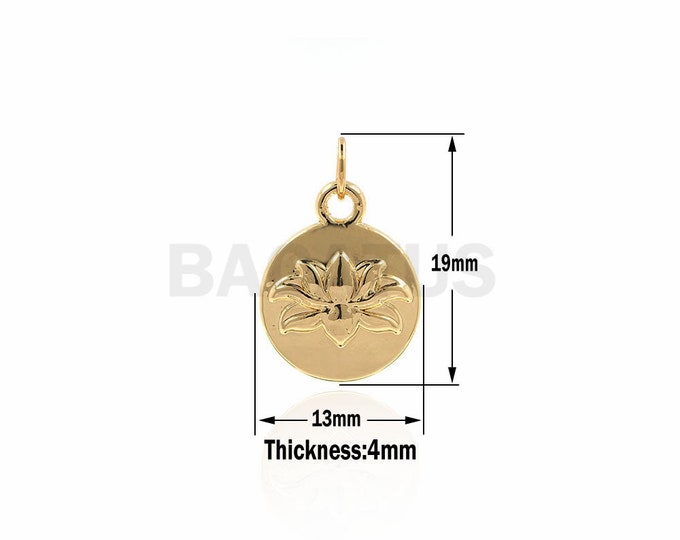 Gold Plated Lotus Flower Charms,Lotus coin Charm,Flower Round Disc,Circle Medallion Coin Charm 13x19x4mm 1PCS