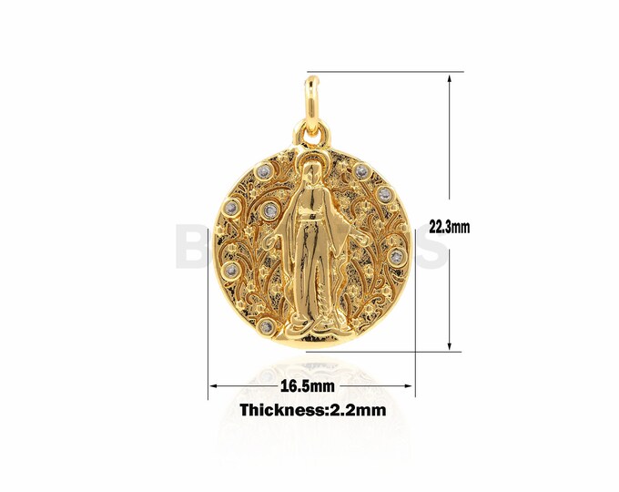 CZ Micro Pave Mary Mother Religious Coin,Cubic Zirconia Round Flat Coins,marry mother Pendant 22.3x16.5x2.2 mm 1PCS
