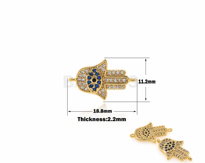 1PCS 18K Gold-Filled Micro-Pave Hamsa Connector, Hamsa Charm, Devil's Eye Charm, Suitable For Jewelry Making Accessories 11.2x18.8x2.2mm