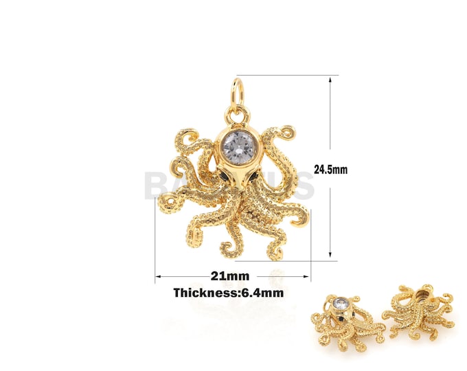 1PCS Octopus Pendant Octopus Necklace Ocean Necklace, Beach Jewelry, Ocean Charm Octopus Charm Micro-Pave 18K Gold filling 24.5x21x6.4mm