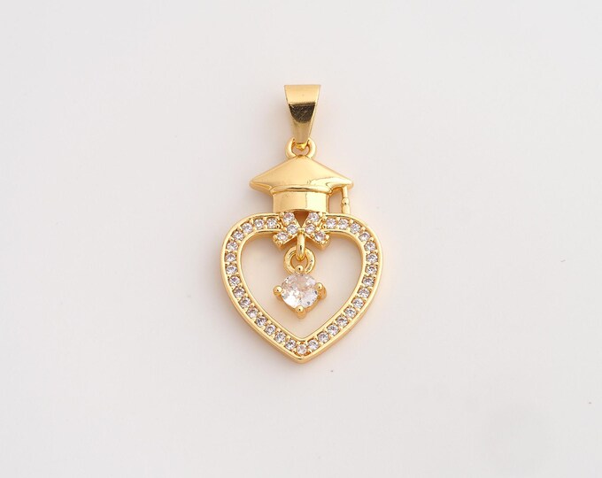 18K Gold Filled Doctoral Cap Charm,Dainty Heart Pendant,CZ Doctoral Cap Pendant ,DIY Jewelry Supplies,31.7x17.7x3.5mm
