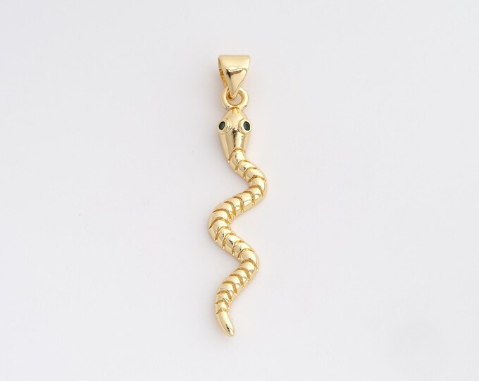 18K Gold Filled Snake Charm, Micropavé CZ Animal Pendant,Snake Necklace Charm, DIY Jewelry Supplies, 37.8x7.3x3.3mm