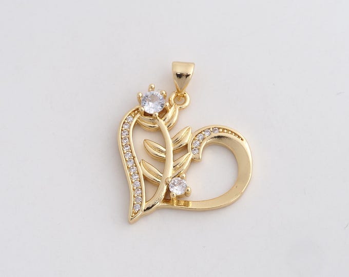 18K Gold Filled Plant Pendant,Gold Heart Pendant,Heart Charm Bracelet Necklace for DIY Jewelry Making Supply,29x23.8x3.6mm