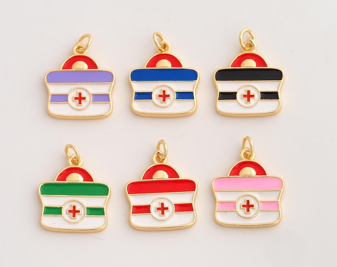 18K Gold Filled First Aid Kit Charm,Dainty Enamel Medical Kit Pendant,Medical Pendant ,DIY Jewelry Supplies,22.5x17x2mm