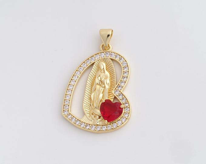 18K Gold Filled Virgin Mary Pendant,Gold Dainty Religion Charms, Heart Charm Bracelet Necklace for DIY Jewelry Making Supply,33.3x20.7x4.3mm