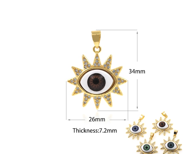 1PCSGold Filled Blue Demon Eye Pendant Cubic Zirconia Turkish Eye Necklace Gold Plated Suitable for Jewelry Making Disc CZ Charm 26x34x7.2mm
