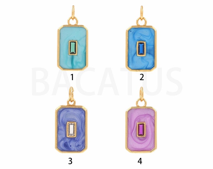 Single Zircon Square Pendant, Enamel Cubic Zirconia Pendant 18K Gold Filled Pendant Necklace, Square Charm, 10x21.5x2mm