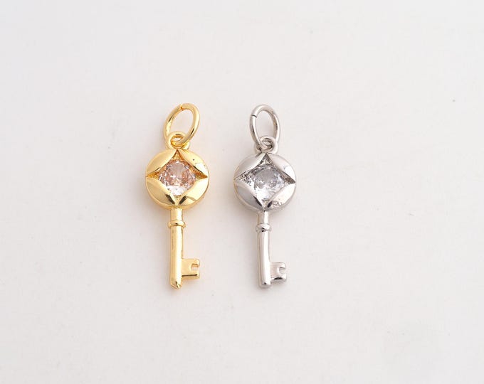 18K Gold Filled Key Charm,Dainty Key Pendant,CZ Key Pendant ,DIY Jewelry Supplies,21.8x7x3mm
