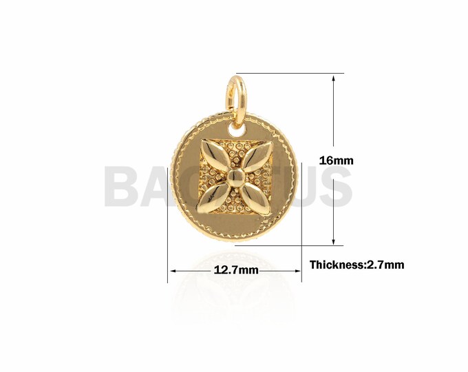 1PCS Flower Coin Pendant, Flower Pendant, Round Necklace, Round Charm, Gold Coin Necklace, DIY Jewelry Making Supplies 16x12.7x2.7mm