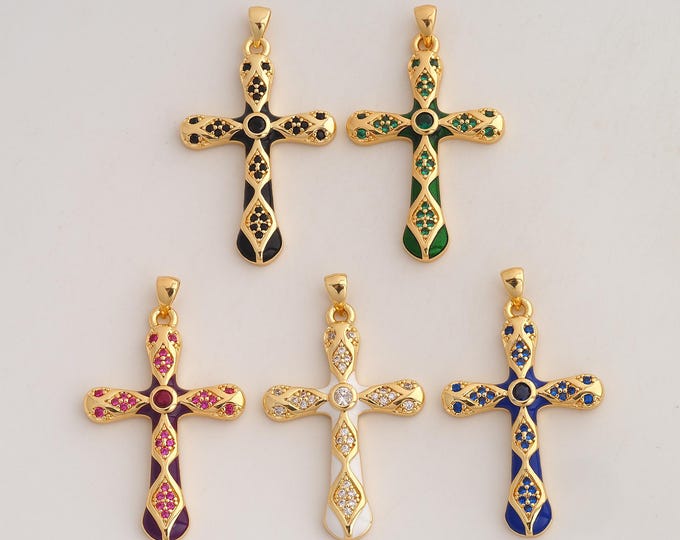 18K Gold Filled Cross Charm,Dainty Enamel Religious Pendant,CZ Christian Pendant ,DIY Jewelry Supplies,42x24.8x3.6mm