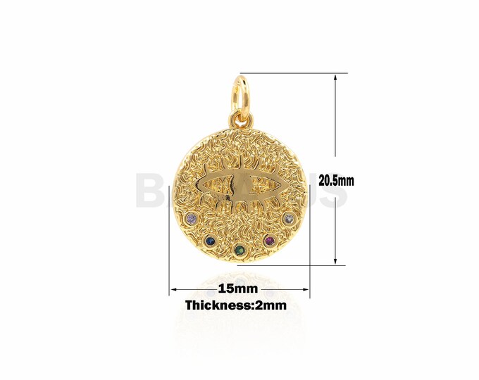 CZ Colorful Eye Round Gold Coin,Micro Pave Coin  Charms,Eye Medallion Coin 20.5*15*2 mm 1PCS