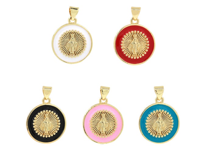 18K Gold Filled Enamel Virgin Mary Pendant,Gold Dainty Religion Charms,Round Charm Bracelet Necklace for DIY Jewelry Making Supply