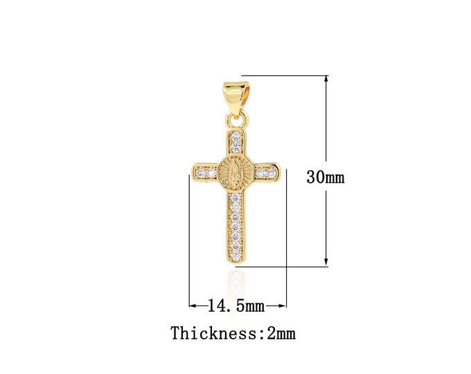 18K Gold Filled CZ Cross Pendant,Gold Dainty Religion Charms,Virgin Mary Charm Bracelet Necklace for DIY Jewelry Making Supply