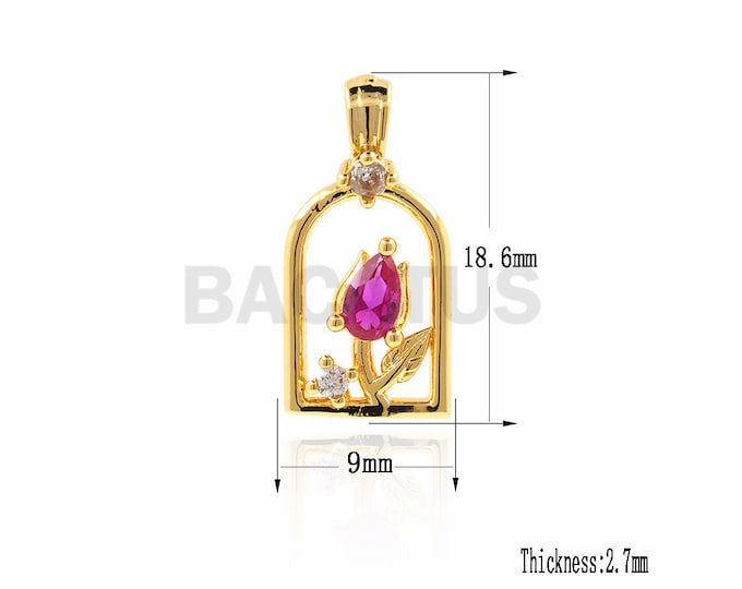 Rose pendant, plant pendant, golden rose necklace, minimalist pendant, cubic zirconia jewelry 18.6x9x2.7mm 1PCS