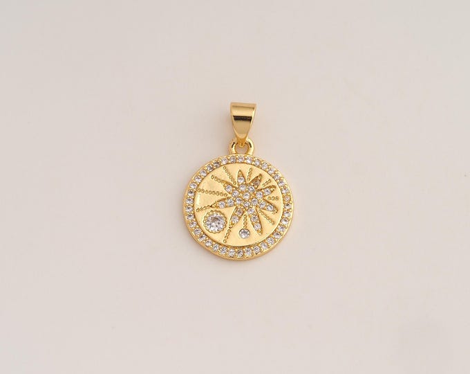 18K Gold Filled Sun Charm,Dainty Celestial Pendant,CZ Sunburst Pendant ,DIY Jewelry Supplies,22.3x15x1.8mm