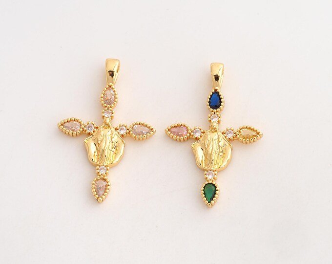 18K Gold Filled Cross Charm,Dainty Religious Pendant,CZ Virgin Mary Pendant ,DIY Jewelry Supplies,37.2x24x3mm