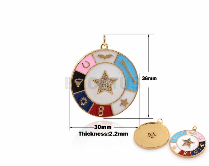 1PCS Round Pendant, Enamel Charm, Five-Pointed Star Necklace, Micro-Pave DIY Jewelry Making Supplies Disc pendant 36x30x2.2mm