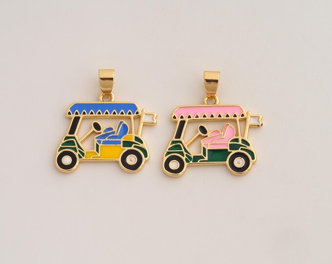 18K Gold Filled Golf Cart Charm,Dainty Golf Pendant,Enamel Car Pendant ,DIY Jewelry Supplies,26.8x24x1.7mm