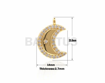 Pendente lunare oro 1PCS, ciondolo luna crescente, ornamenti a forma di mezzaluna CZ Pavé, adatti per la realizzazione di gioielli 23,5×14×2,3 mm
