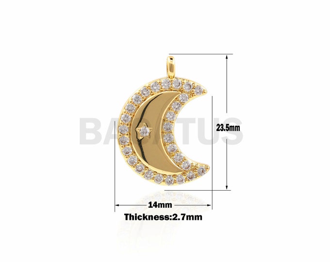 1PCS Gold Moon Pendant, Crescent Moon Charm, CZ Pavé Crescent-Shaped Ornaments, Suitable For Jewelry Making 23.5×14×2.3mm