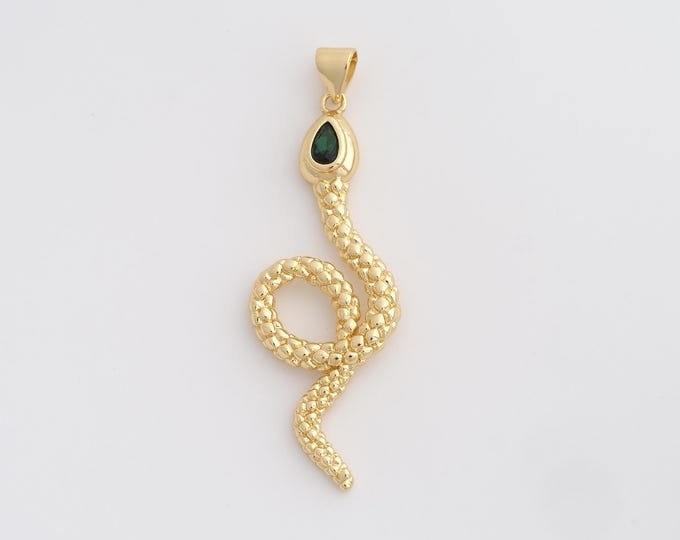 18K Gold Filled Snake Charm, Micropavé CZ Animal Pendant,Snake Necklace Charm, DIY Jewelry Supplies, 47.6x15.2x3.6mm