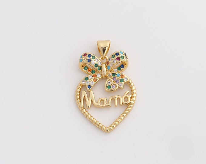 18K Gold Filled MAMA Charm, Micropavé CZ Heart Pendant,Letter Necklace Charm, DIY Jewelry Supplies, 29.4x19x4.2mm