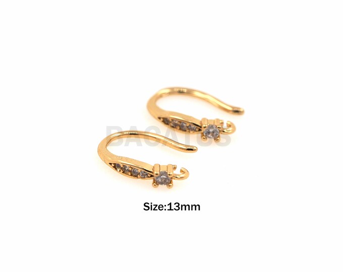 1Pair Zircon Ear Hooks 18K Gold-Plated Zircon Earrings, Ear Hooks, Gold-Plated Ear Hooks, Cubic Zirconia Gold Ear Hooks 13mm