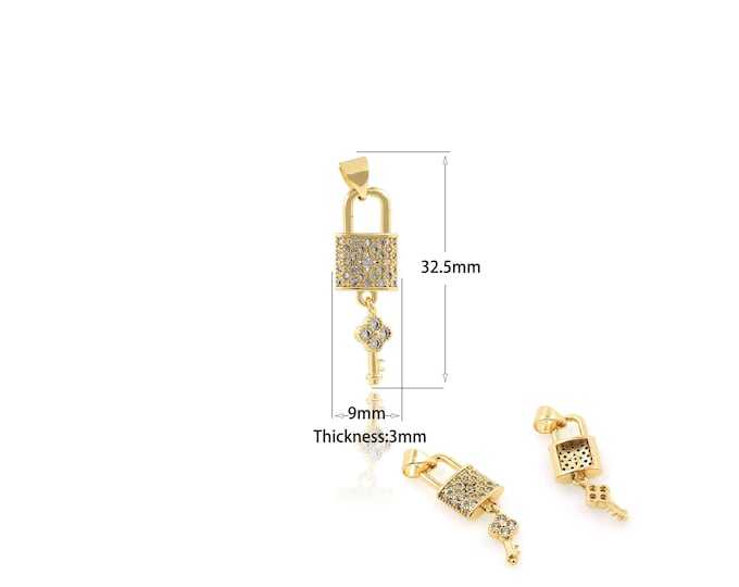 1PCS Gold-Plated Lock And Key Shape Copper Metal Zircon Pendant Bracelet Necklace Earrings Jewelry Found CZ Charm Amulet 9x32.5x2.8mm