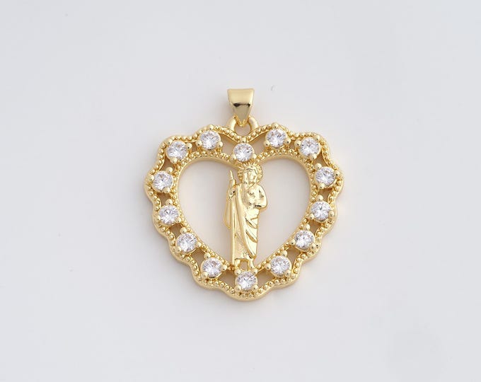 18K Gold Filled Saint Jude Pendant,Heart St.Juda Charms,Religion Charm Bracelet Necklace for DIY Jewelry Making Supply,33.5x30x4mm