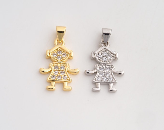 18K Gold Filled Character Charm,Dainty Girl Pendant,CZ Character Pendant ,DIY Jewelry Supplies,21.2x14x2.4mm