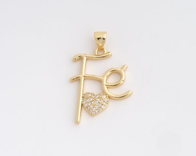 18K Gold Filled Fe Charm, Micropavé CZ Heart Pendant,Letter Necklace Charm, DIY Jewelry Supplies, 30x19.6x2.5mm