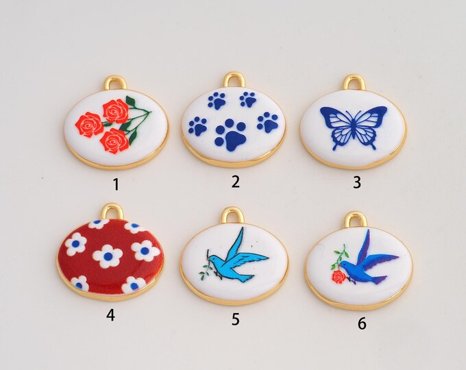 18K Gold Filled Flower Bird Pendant,Enamel Butterfly Charms,Paw Print Charm DIY Jewelry Making Supply,18.7x19.3x3.3mm