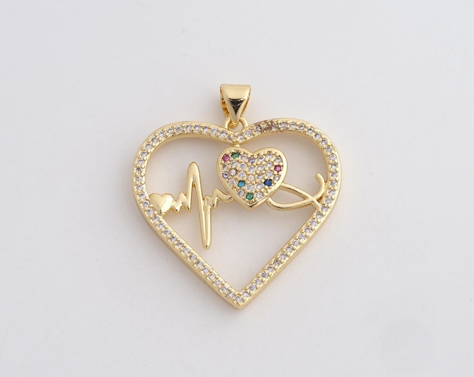 18K Gold Filled Heart Pendant,Gold Dainty Heartbeat Charms,Heart  Charm Bracelet Necklace for DIY Jewelry Making Supply,30.8x27.8x3.4mm