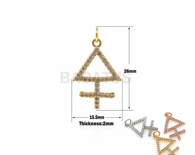 1PCS Alchemy Triangle Cross Pendant SULFUR Pendant Gothic Cross Necklace, Leviathan Cross Pendant Cubic Zirconia 18K 26x15.5x2mm