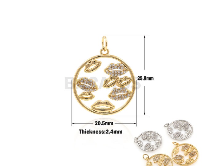 1PCS Lip Necklace,Lip Decoration, Ice Lip Pendant, Kiss Charm,Cubic Zirconia 18K Gold Filling, Round Pendant, Round Charm 25.8x20.5x1.9mm