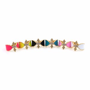 May include: A set of eight gold rings with colorful enamel accents. Each ring features a bow-shaped design with clear cubic zirconia stones.