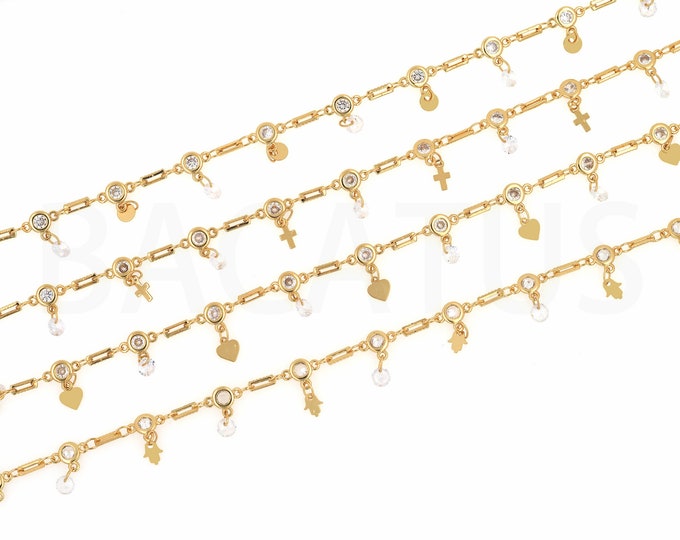 Blank Pendant Chain, 18K Gold Filled Gold Rollo Chain, MicroPave CZ Heart Chain, Hamsa Chain, Cross Chain, DIY Jewelry Supplies,