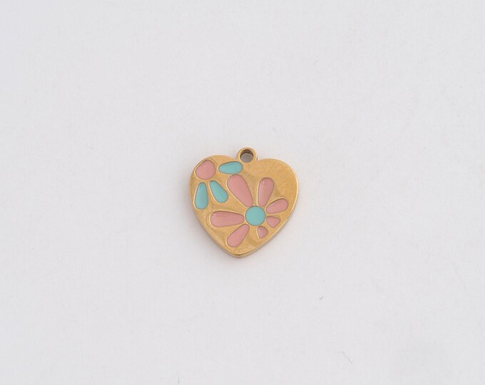 Stainless Steel Heart Pendant,Enamel Flower Charms,Heart Charm Bracelet Necklace for DIY Jewelry Making Supply,10.6x10.3x1.3mm