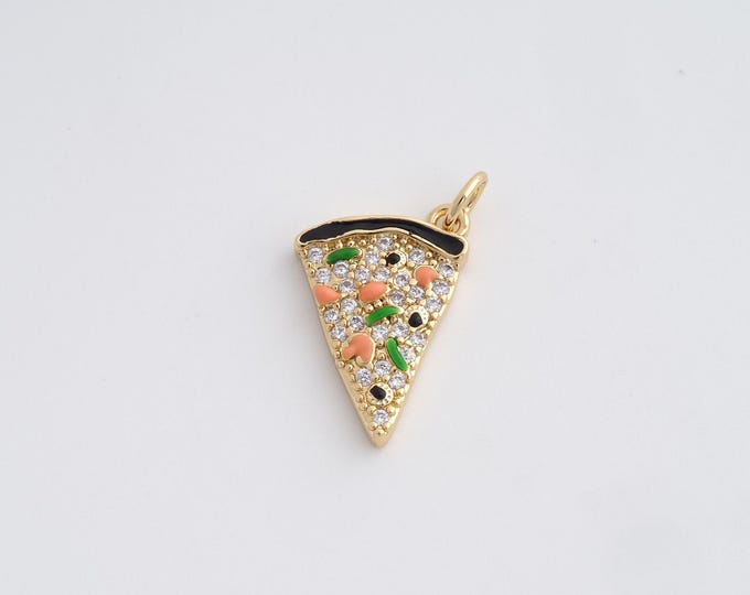 1 pcs Pizza Pendant Pizza Necklace, Pizza Slice Charm, Pepperoni Pizza Food Charm Production Cubic Zirconia 18K Gold Filling 20.8x13.8x3mm