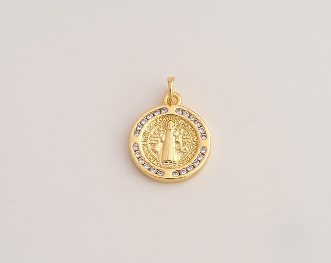 18K Gold Filled Jesus Charm,Dainty Religious Pendant,CZ Saint Benedict Pendant ,DIY Jewelry Supplies,20.8x15x2.2mm