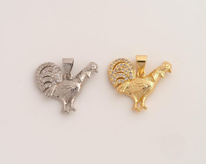 18K Gold Filled Rooster Charm,Dainty Animal Pendant,CZ Rooster Pendant ,DIY Jewelry Supplies,18.5x19.6x3.5mm