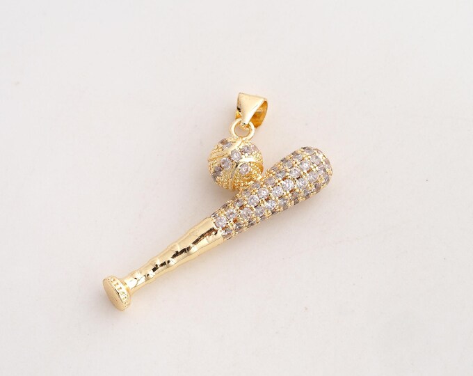18K Gold Filled Baseball Bat Charm,Dainty Baseball Pendant,CZ Sports Pendant ,DIY Jewelry Supplies,33.5x18.3x7mm