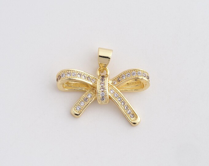 1 Pcs 18K Gold Filled Bow Pendant,MicroPaved CZ Bow Tie Charms, Bow Necklace for DIY Jewelry Making Supplies,17.6x22.3x5mm
