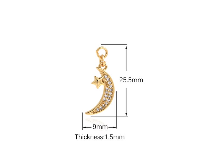 18K Gold Filled Moon Pendant,Gold Dainty CZ Star Charms,Moon Charm Bracelet Necklace for DIY Jewelry Making Supply
